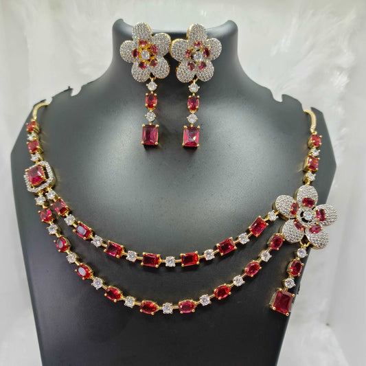 rani-pink-dazzling-diamond-floral-double-layer-ad-necklace-jewelskreation