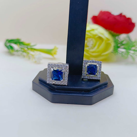 AD Silver Finish Blue Diamond Square Studs