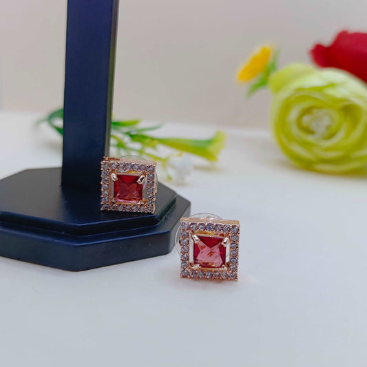 AD Gold finish Rani pink Diamond Square Studs