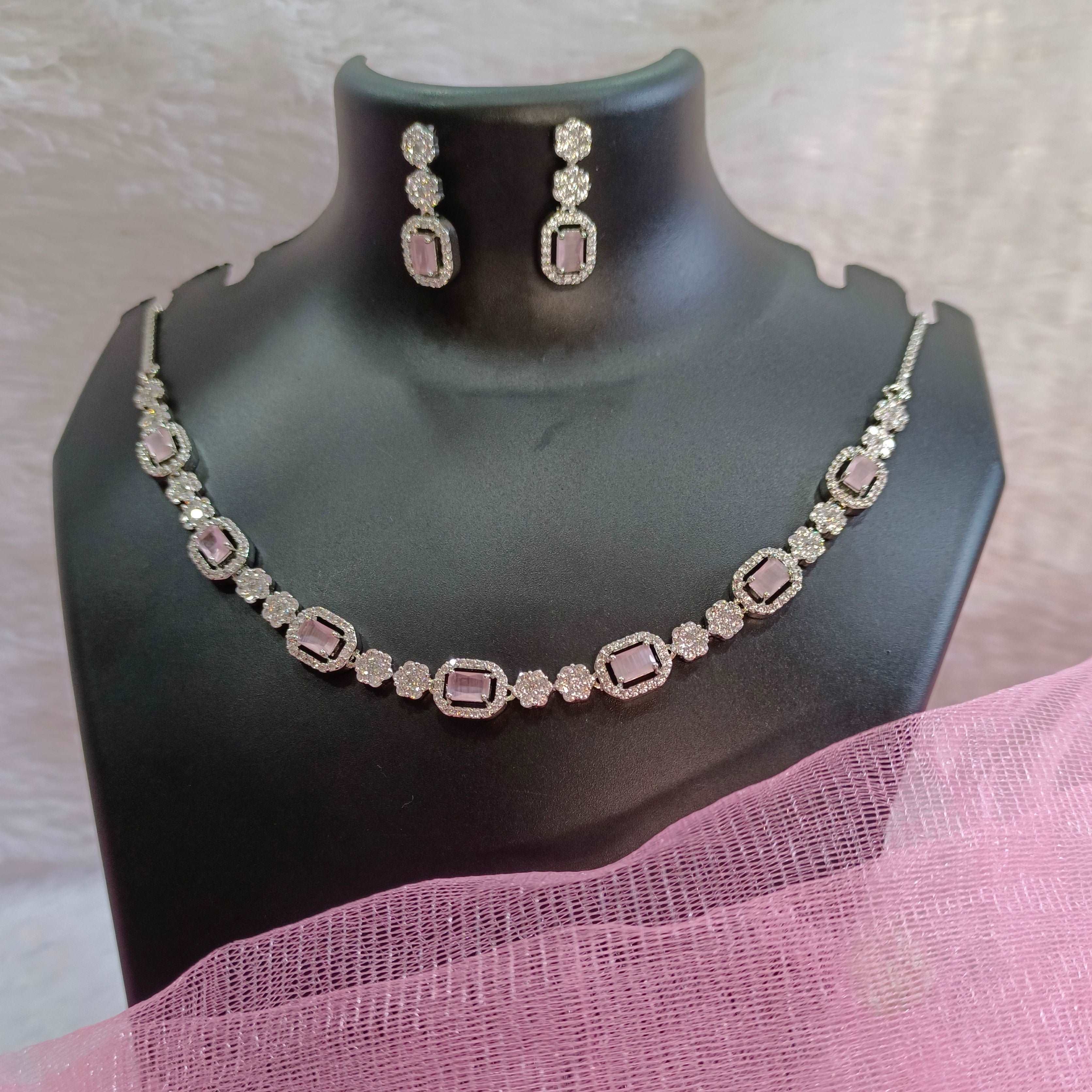 Soft Pink Silver Plated American Diamond Necklace Set