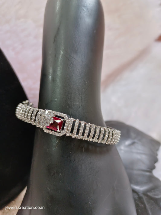 Stylish Silver CZ American Diamonds Ruby Red Kada Bracelet